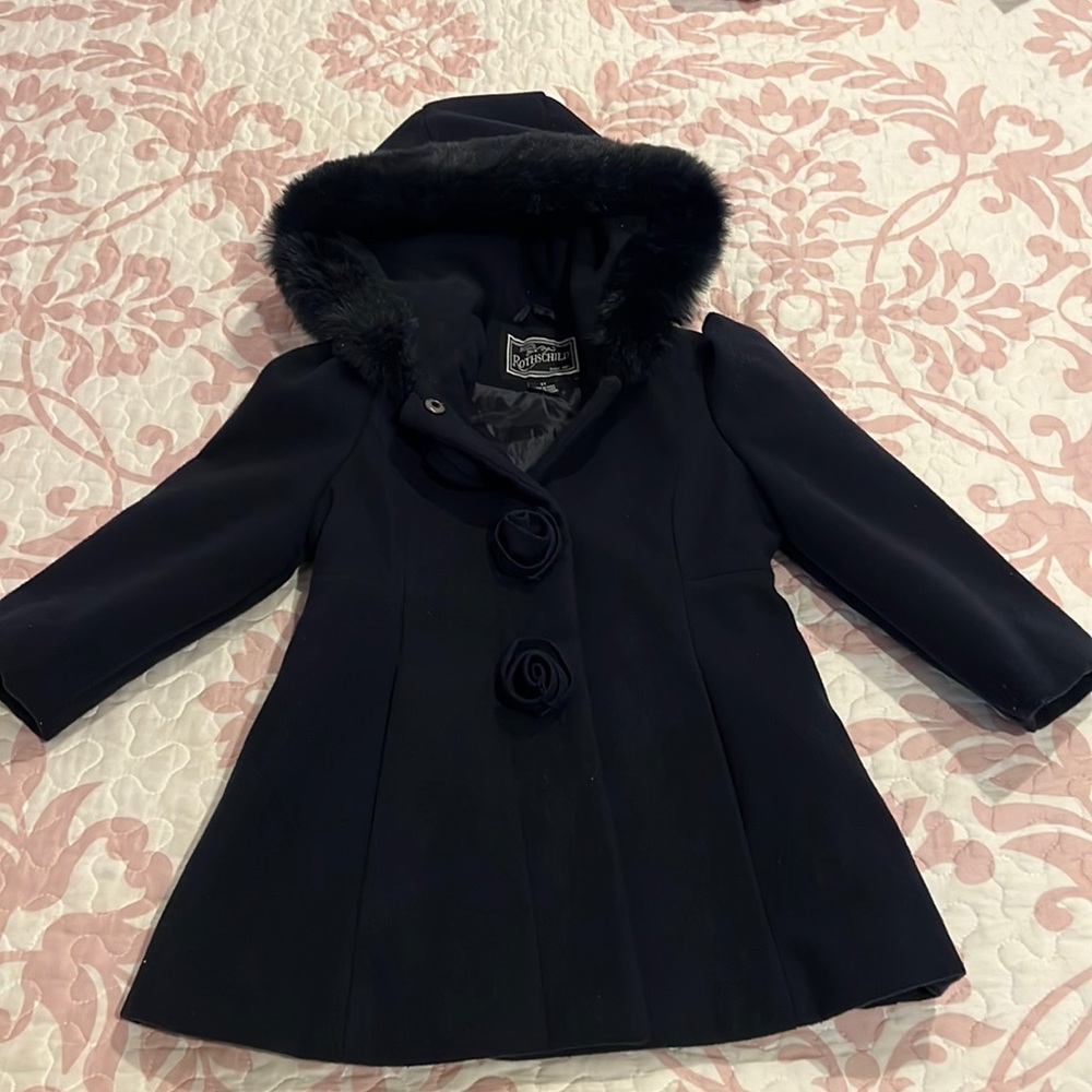 Rothschild Black Pea Coat with Faux Fur Trim